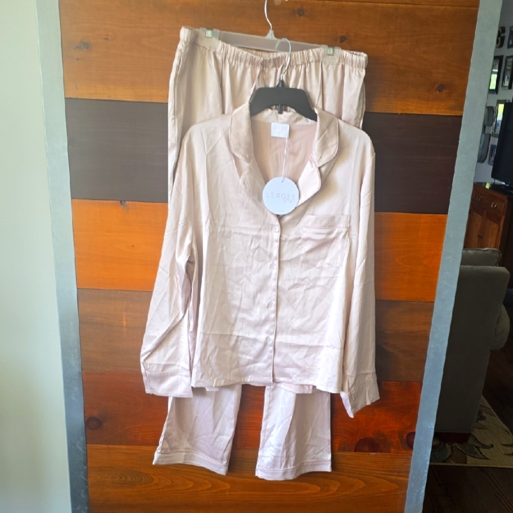 LeRose Stories Sienna Long Satin Light Pink Pajama Set. Non Smoking Home.